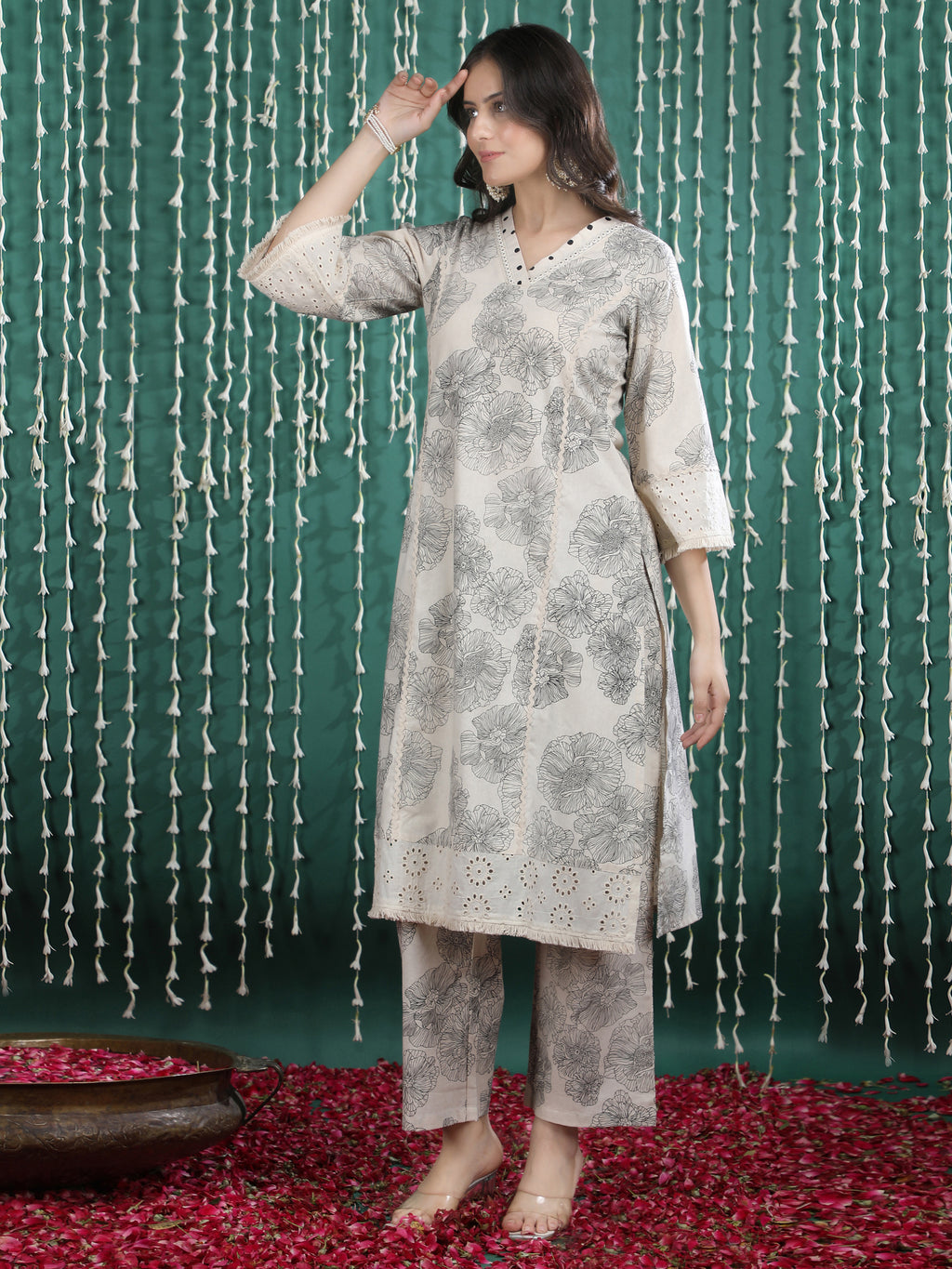 Beige Floral Print Pure Cotton Kurta Set with Embroidered Detailing