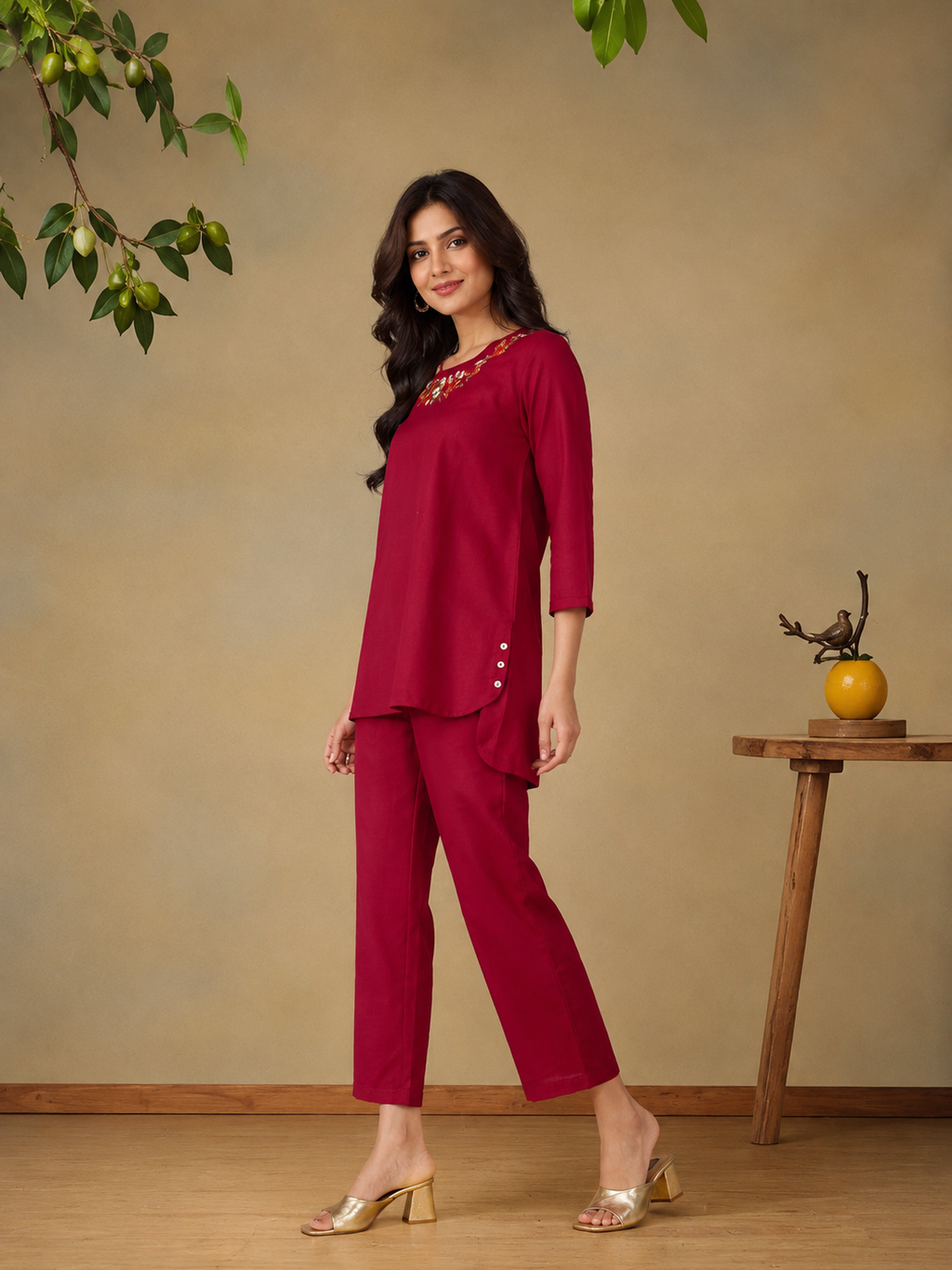 Floral Embroidered Tunic With Trousers
