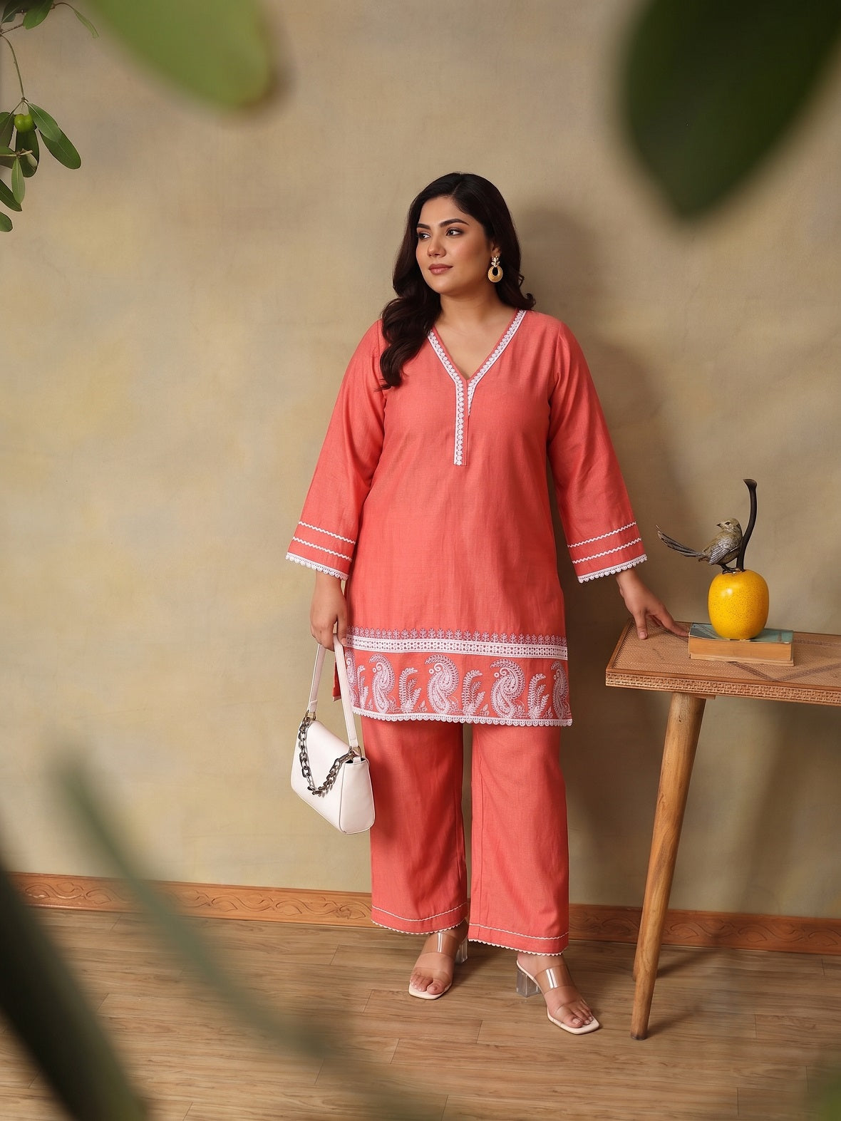 Plus Size Peach Printed Straight Co-Ord Set