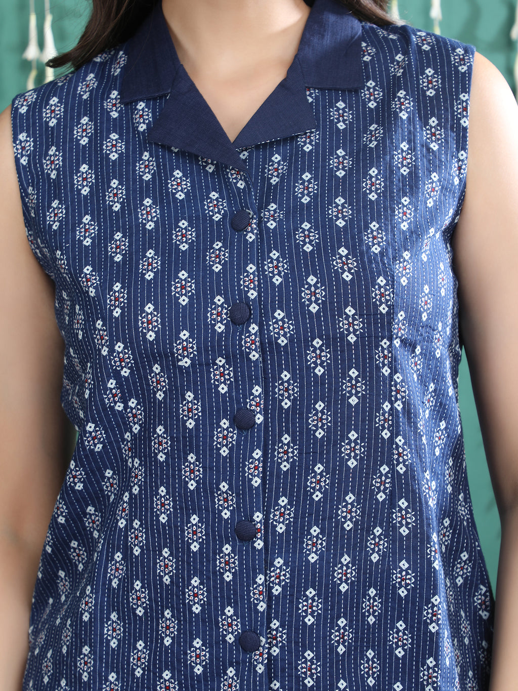 Blue Printed Sleeveless Shirt Collar Co-ord Set