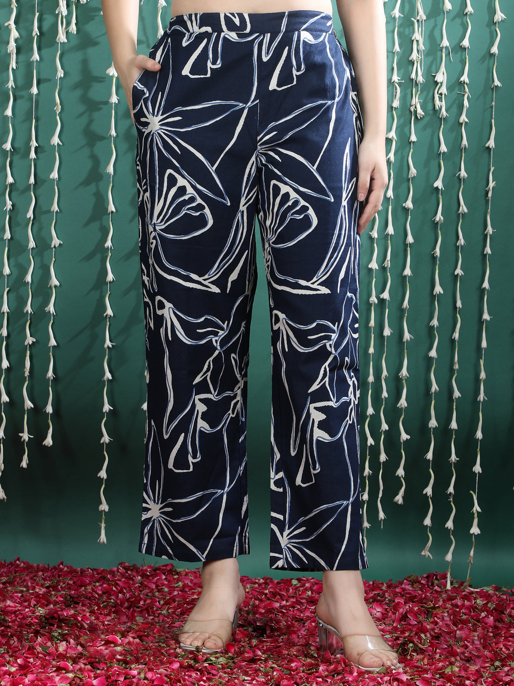 Blue Abstract Printed Cotton Kurta & Pant Set with Lace Detailing